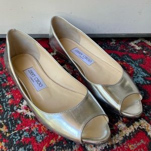 Jimmy Choo open toe silver flats